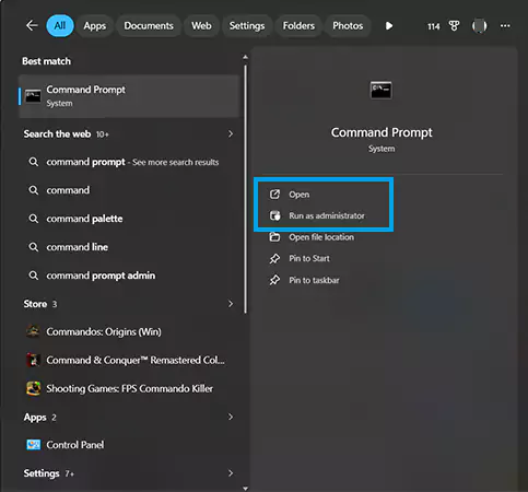 Type cmd and right click on Run as Administrator